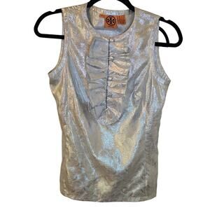 Rare Tory Burch Rachel Top Sz 2 XS Silver Metallic Ruffle Sleeveless Blouse
